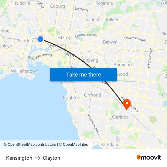Kensington to Clayton map