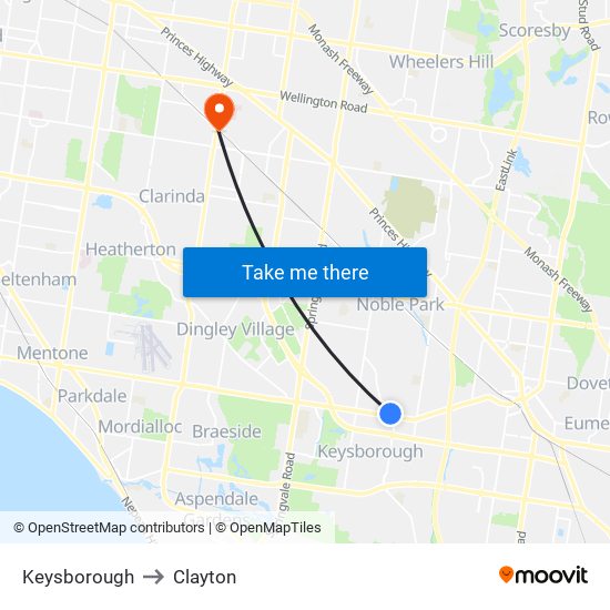 Keysborough to Clayton map