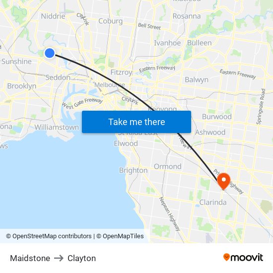 Maidstone to Clayton map