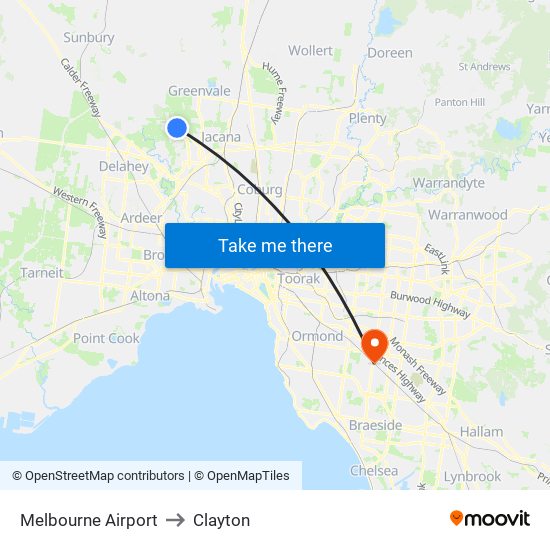 Melbourne Airport to Clayton map