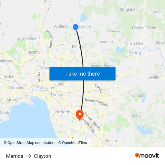 Mernda to Clayton map