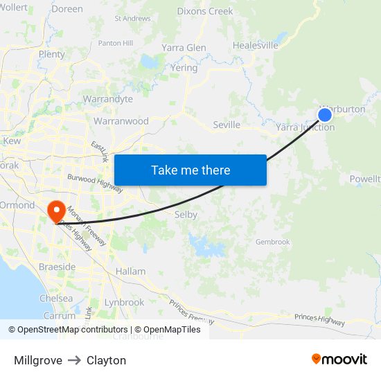 Millgrove to Clayton map