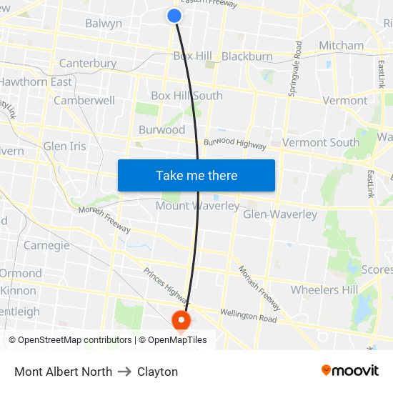 Mont Albert North to Clayton map