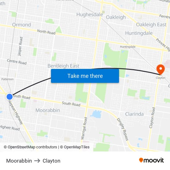 Moorabbin to Clayton map