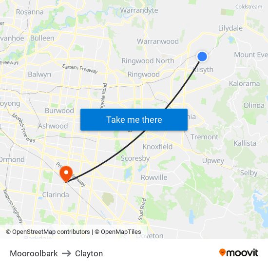 Mooroolbark to Clayton map