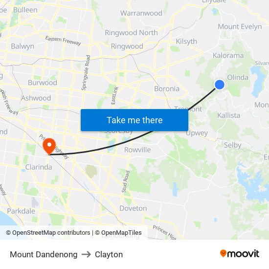 Mount Dandenong to Clayton map