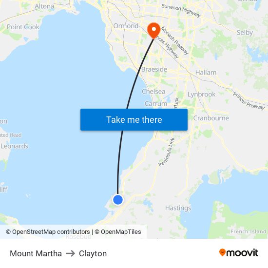 Mount Martha to Clayton map