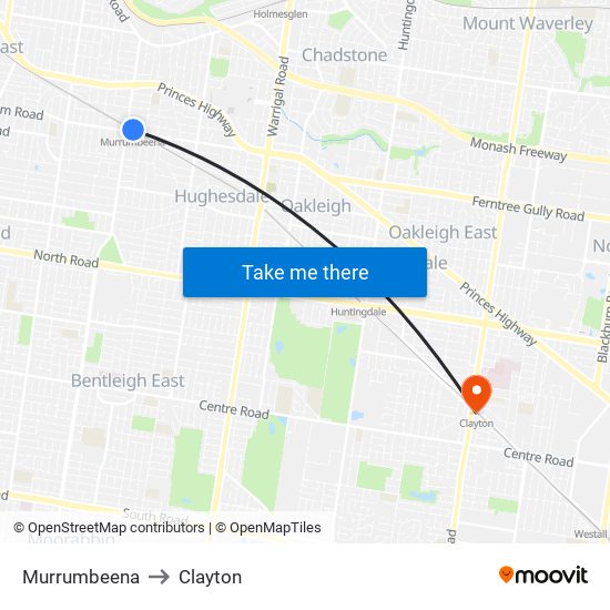 Murrumbeena to Clayton map