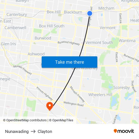 Nunawading to Clayton map