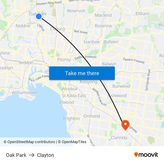 Oak Park to Clayton map