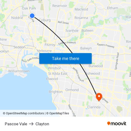 Pascoe Vale to Clayton map