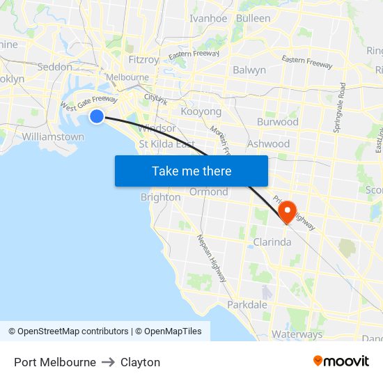 Port Melbourne to Clayton map