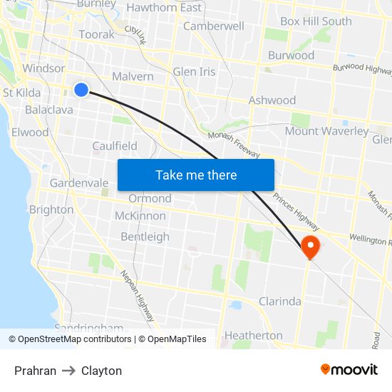 Prahran to Clayton map