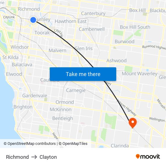 Richmond to Clayton map