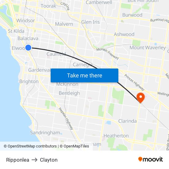 Ripponlea to Clayton map