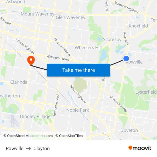 Rowville to Clayton map