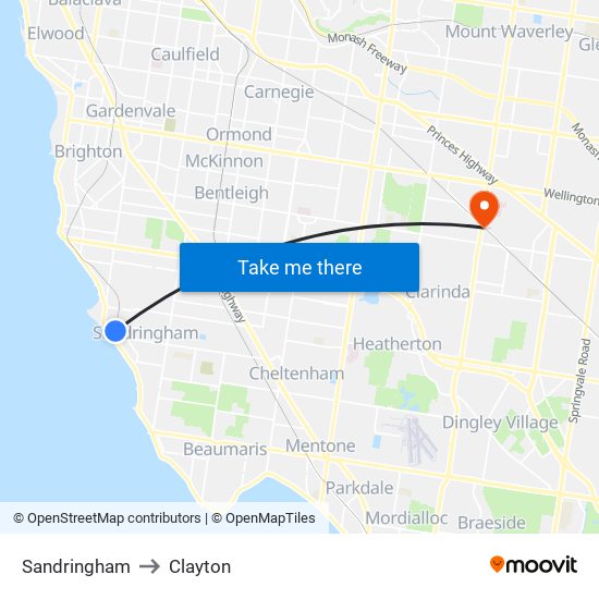 Sandringham to Clayton map