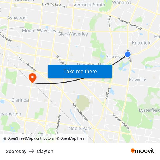 Scoresby to Clayton map