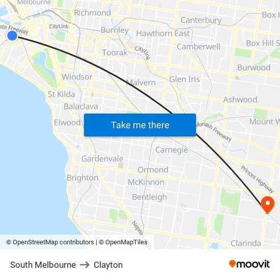 South Melbourne to Clayton map