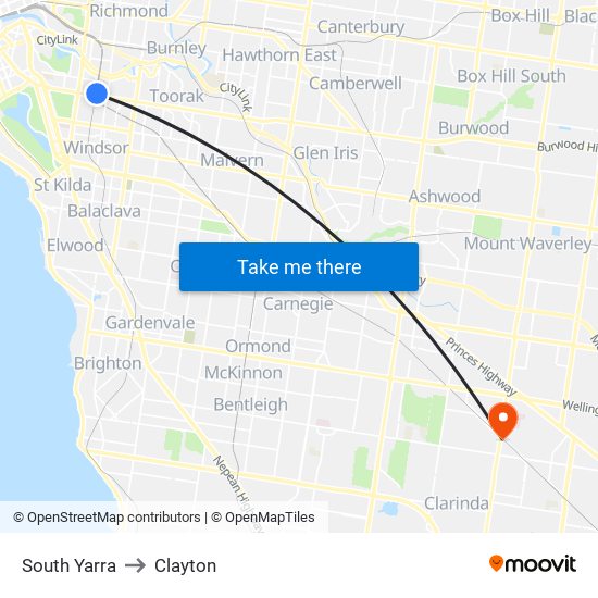 South Yarra to Clayton map