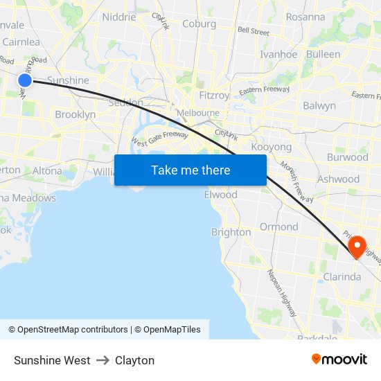 Sunshine West to Clayton map