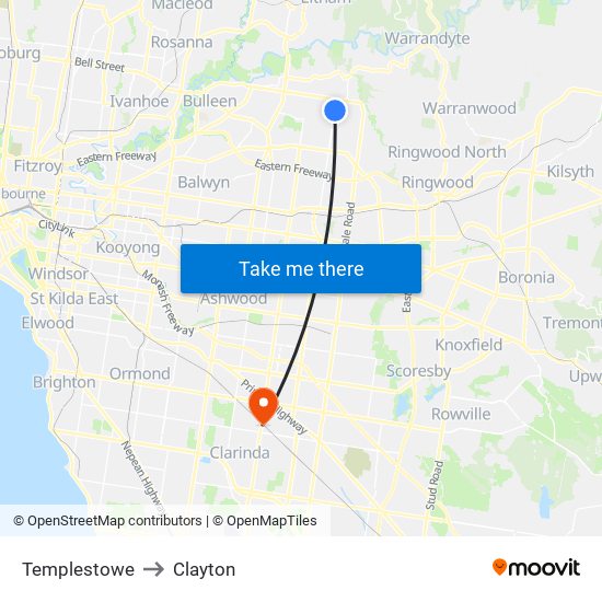 Templestowe to Clayton map