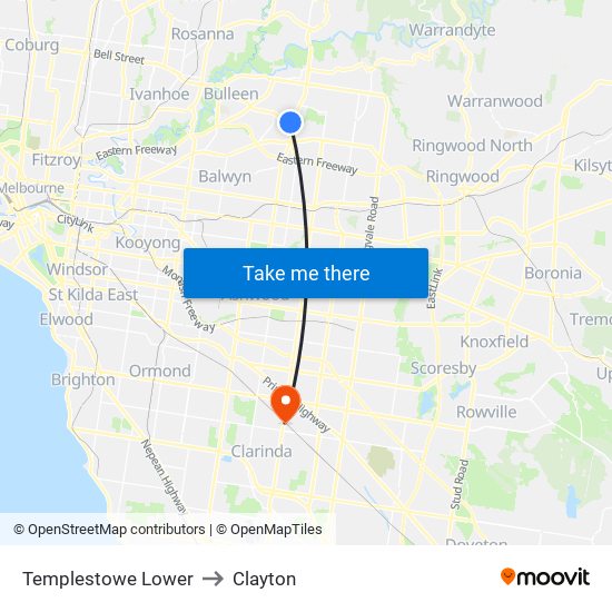 Templestowe Lower to Clayton map