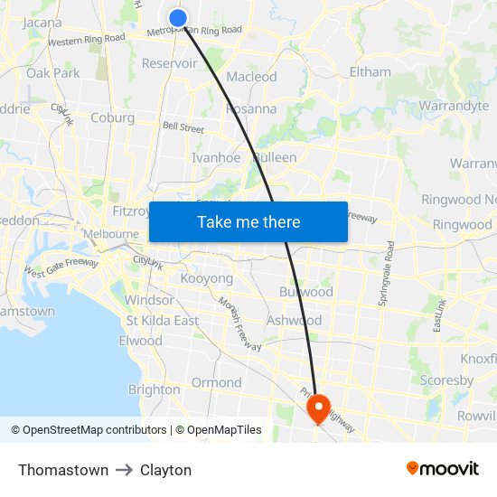 Thomastown to Clayton map