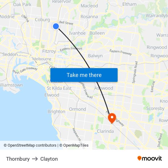 Thornbury to Clayton map