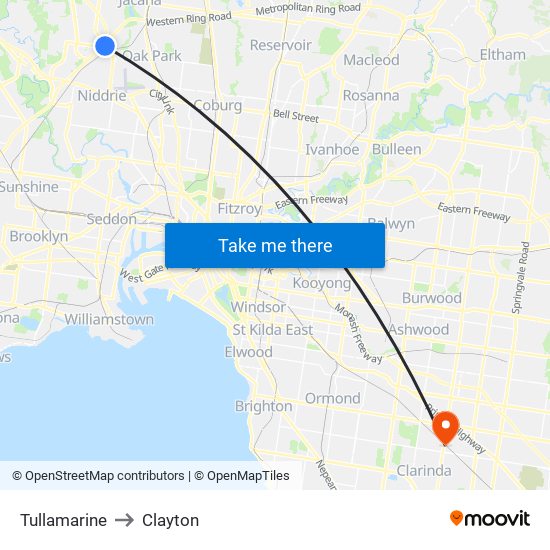 Tullamarine to Clayton map
