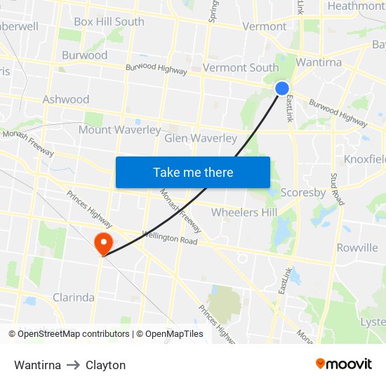 Wantirna to Clayton map