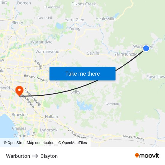 Warburton to Clayton map