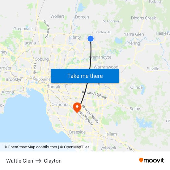 Wattle Glen to Clayton map