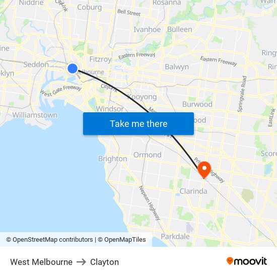 West Melbourne to Clayton map