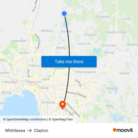 Whittlesea to Clayton map