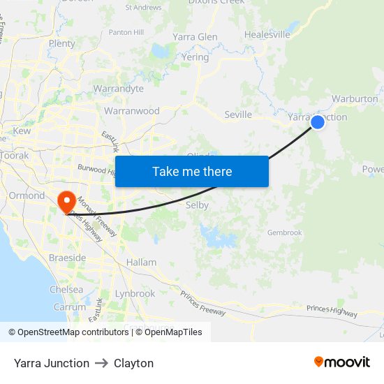 Yarra Junction to Clayton map