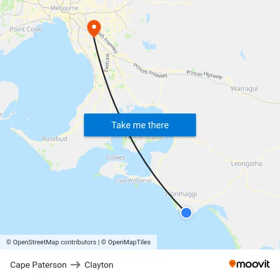 Cape Paterson to Clayton map