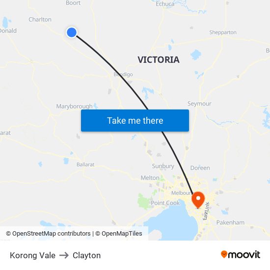 Korong Vale to Clayton map