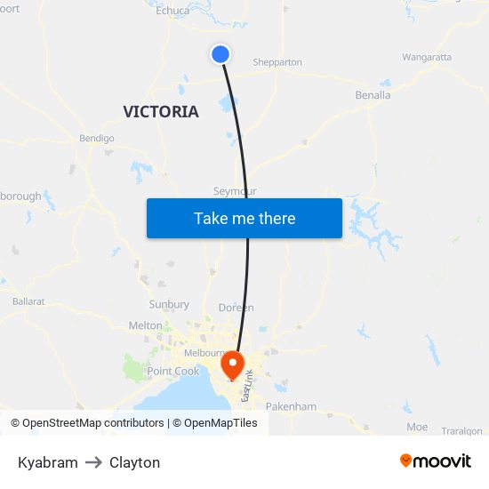 Kyabram to Clayton map