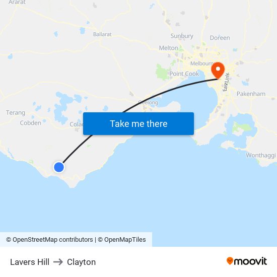 Lavers Hill to Clayton map