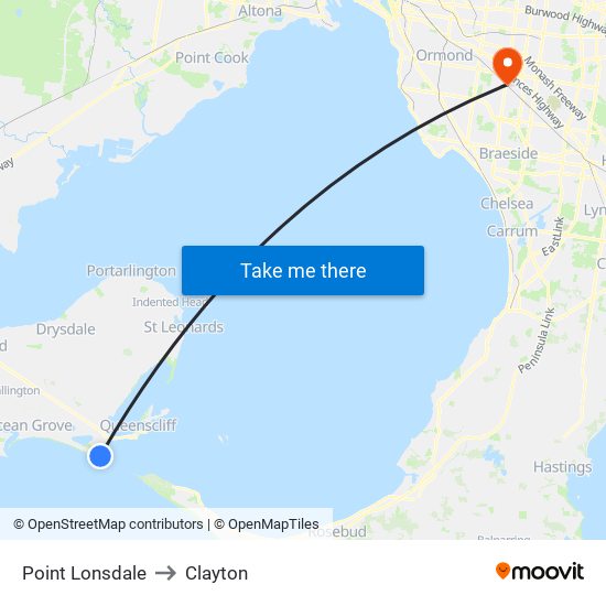 Point Lonsdale to Clayton map