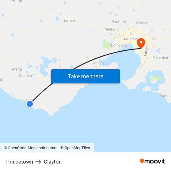 Princetown to Clayton map