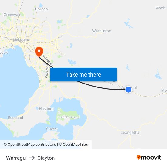 Warragul to Clayton map