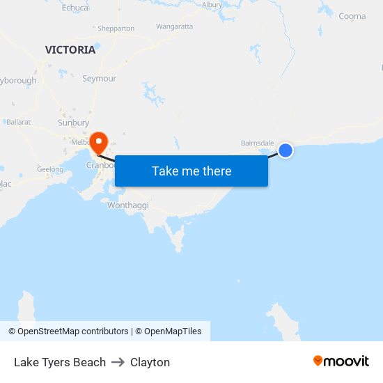 Lake Tyers Beach to Clayton map