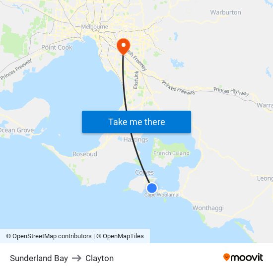 Sunderland Bay to Clayton map