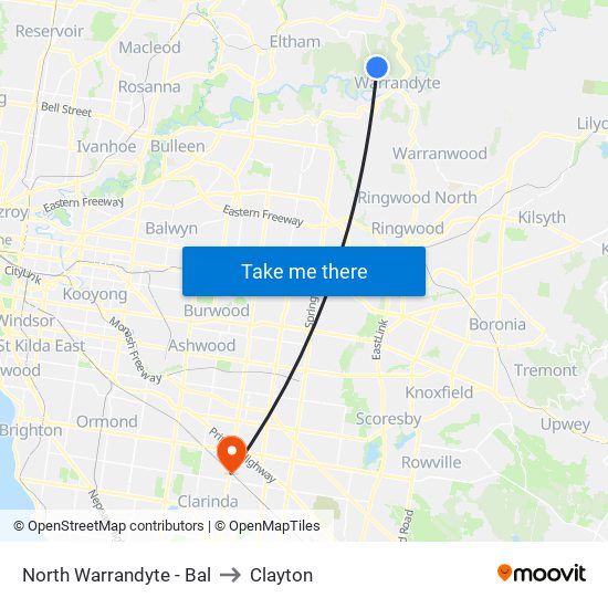 North Warrandyte - Bal to Clayton map