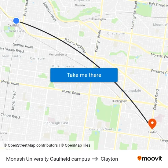 Monash University Caulfield campus to Clayton map