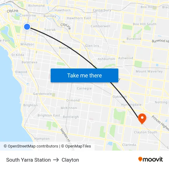 South Yarra Station to Clayton map