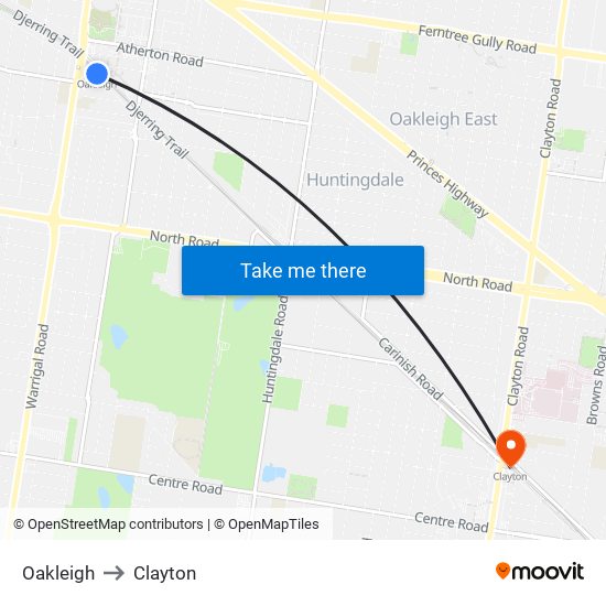 Oakleigh to Clayton map