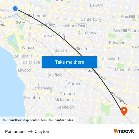 Parliament to Clayton map